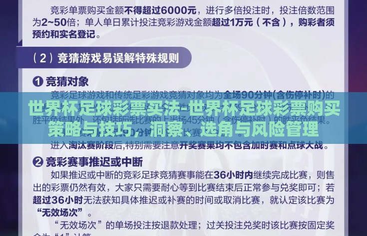 世界杯足球彩票买法-世界杯足球彩票购买策略与技巧，洞察、选角与风险管理