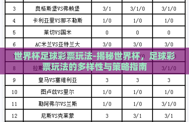 世界杯足球彩票玩法-揭秘世界杯，足球彩票玩法的多样性与策略指南